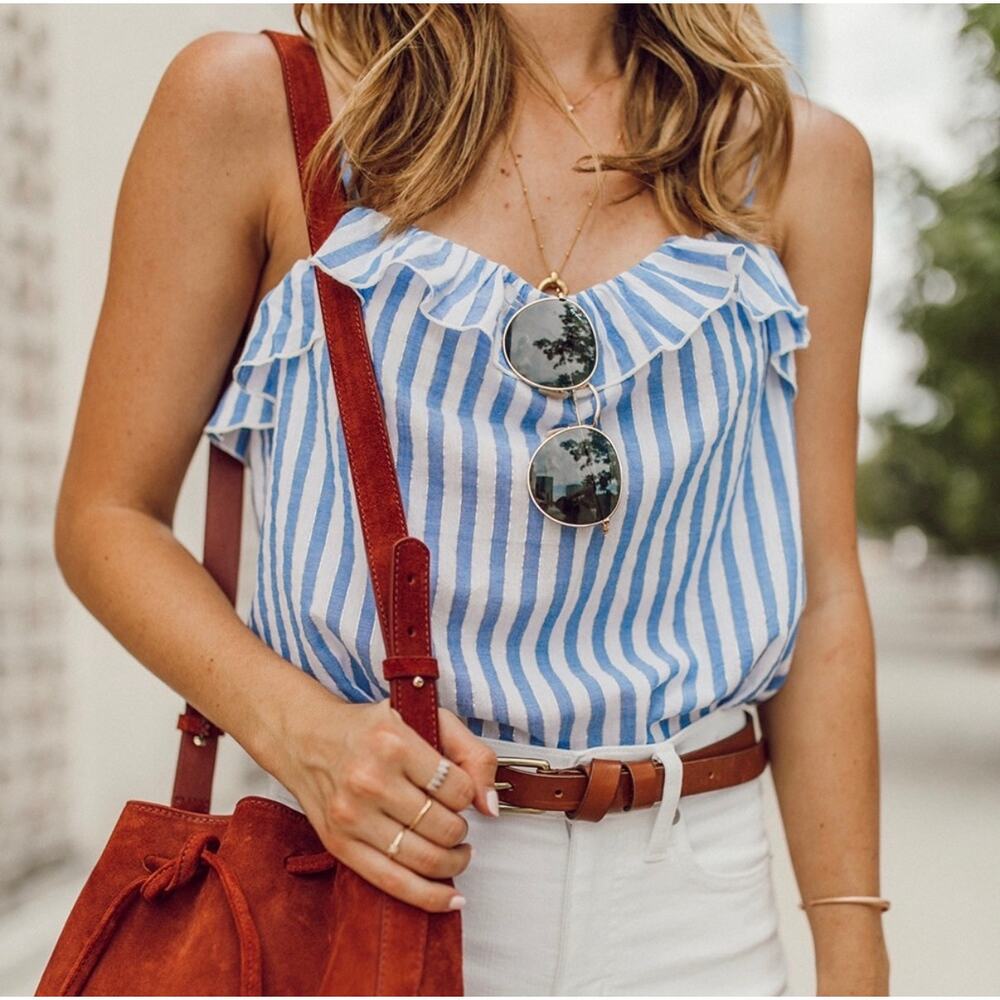 Sezane Blue and White Striped Ruffle-Trim Cami Top